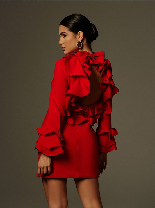 Asiah Flounce Sleeve Bow Mini Dress