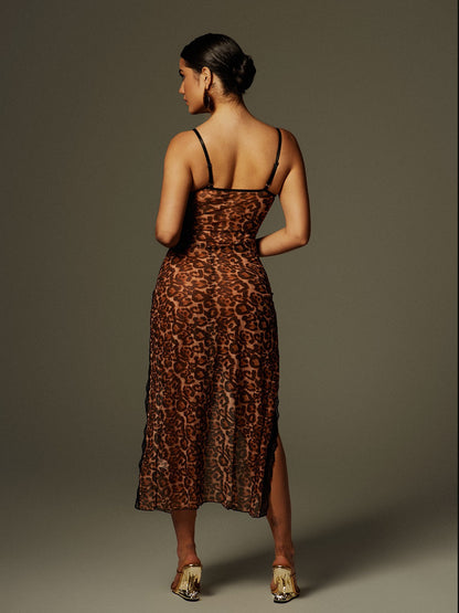 Astragal Spaghetti Leopard Split Midi Dress