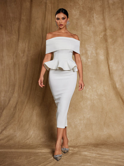 Augustus Off Shoulder Flounce Midi Dress In White