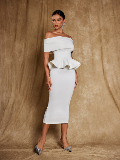 Augustus Off Shoulder Flounce Midi Dress In White