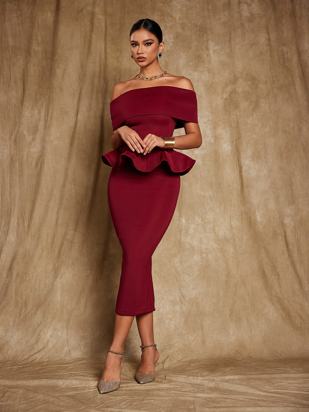 Augustus Off Shoulder Flounce Midi Dress