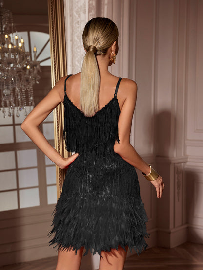 Austyn Tassel Feather Mini Dress In Black