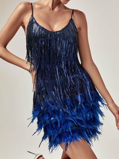 Austyn Tassel Feather Mini Dress In Royal Blue