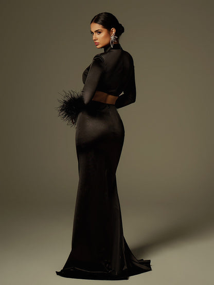 Avalee Long Sleeve Feather Satin Skirt Set