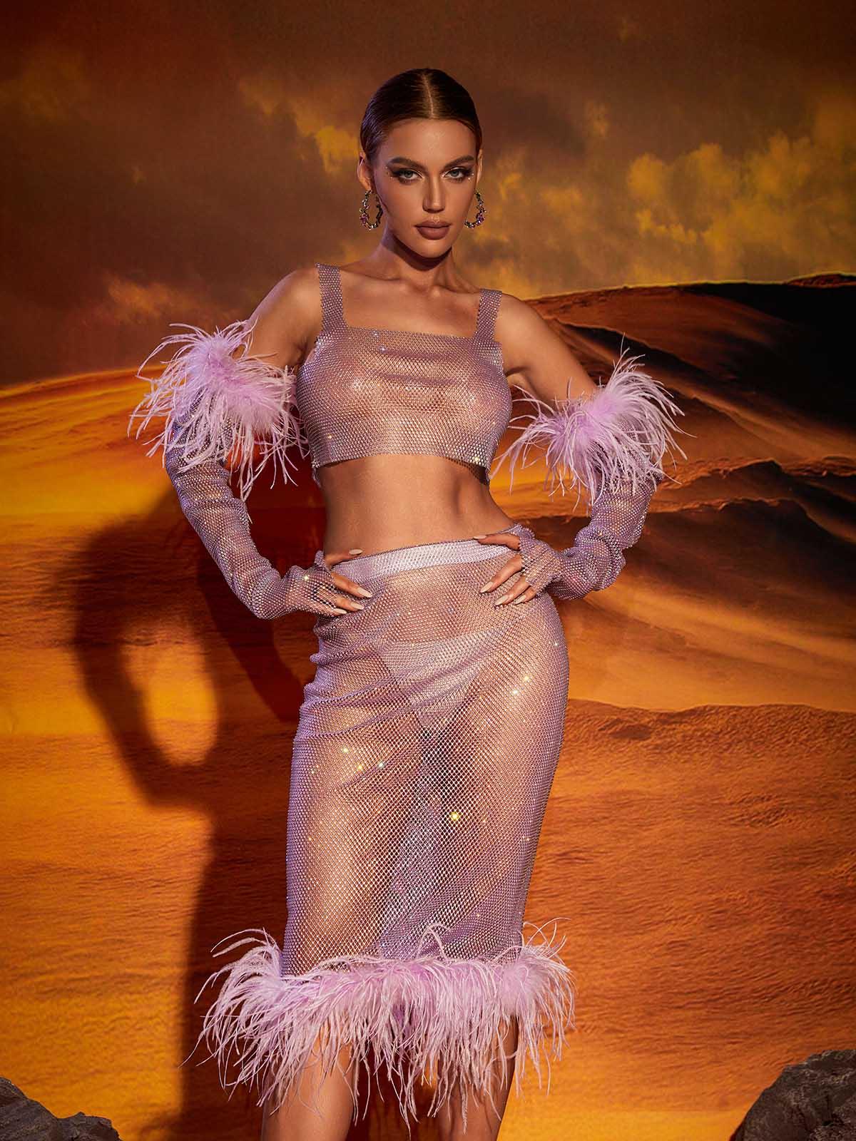 Avery Mesh Diamond Feather Trimmed Skirt Set