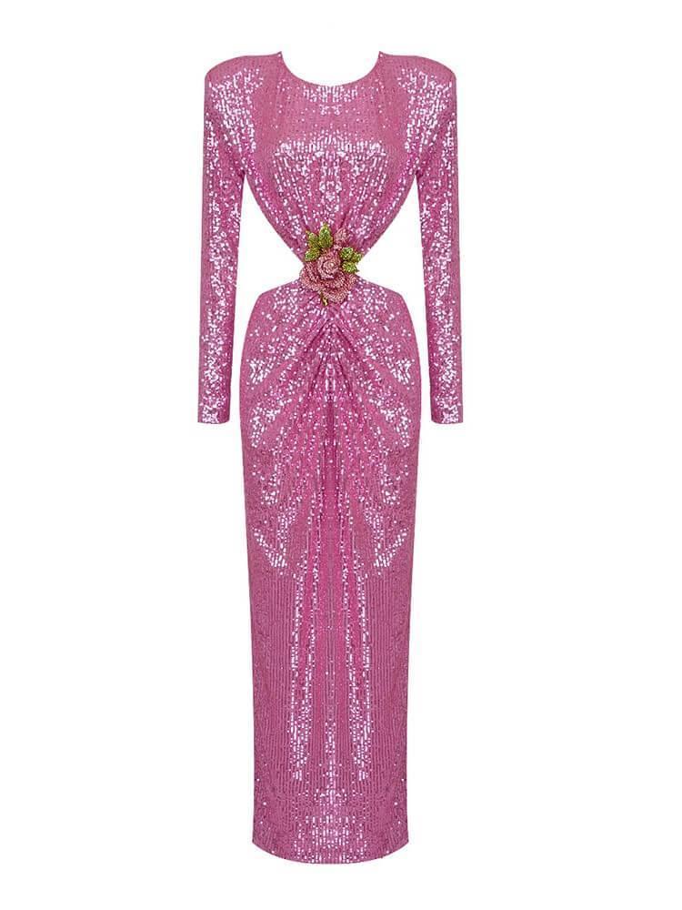 Aviva Long Sleeve Cutout Sequin Maxi Dress In Pink