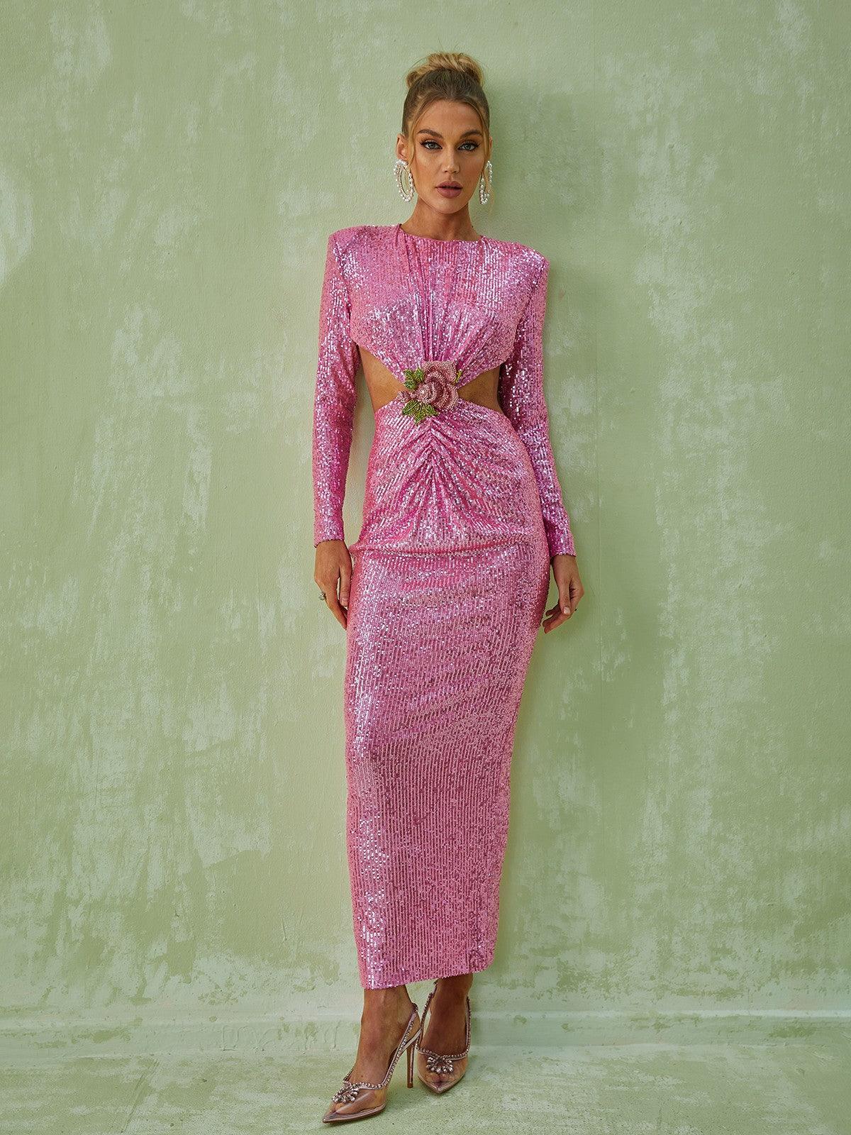 Aviva Long Sleeve Cutout Sequin Maxi Dress In Pink