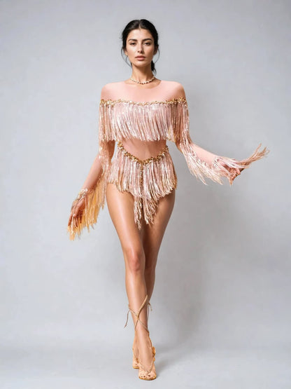 Axiom Long Sleeve Fringe Bodysuit In Nude