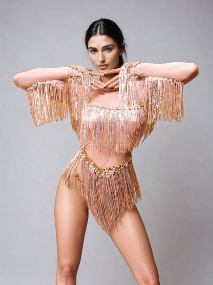 Axiom Long Sleeve Fringe Bodysuit In Nude
