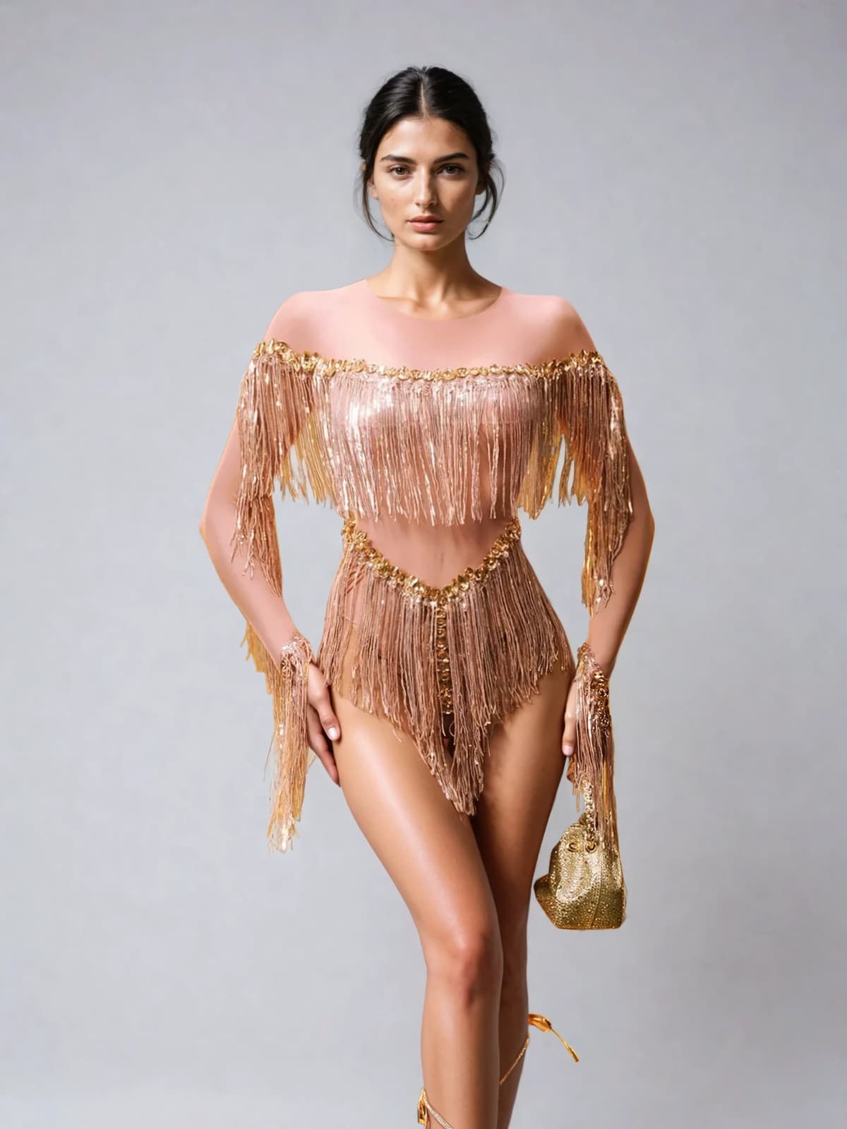 Axiom Long Sleeve Fringe Bodysuit In Nude