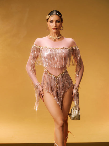 Axiom Long Sleeve Fringe Bodysuit In Nude