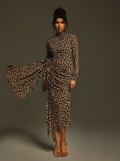 Ayam Long Sleeve Leopard Draped Midi Dress