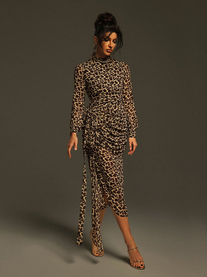 Ayam Long Sleeve Leopard Draped Midi Dress