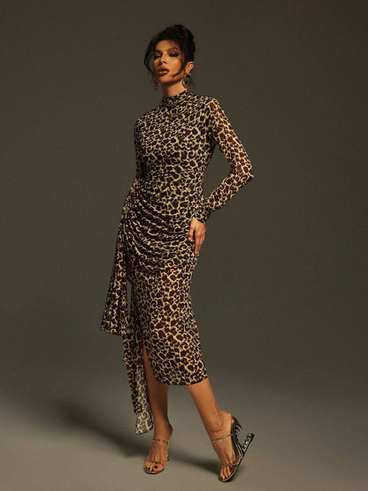 Ayam Long Sleeve Leopard Draped Midi Dress