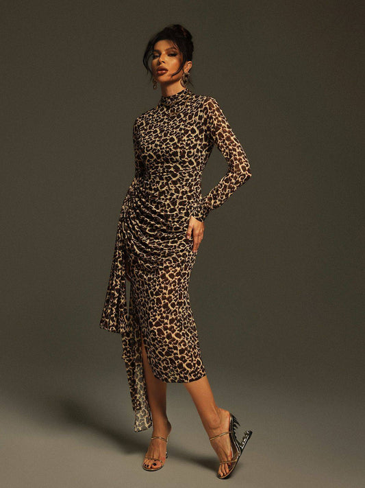 Ayam Long Sleeve Leopard Draped Midi Dress