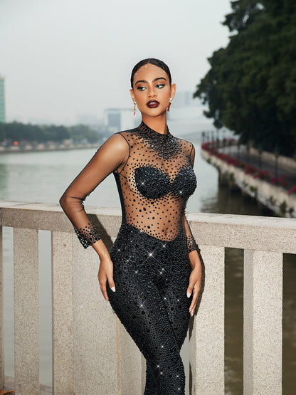 Azami Mesh Crystal Jumpsuit In Black