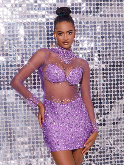 Azami Mesh Crystal Mini Dress In Purple