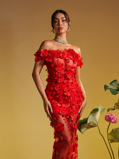 Azizi Off Shoulder Flower Mesh Maxi Dress