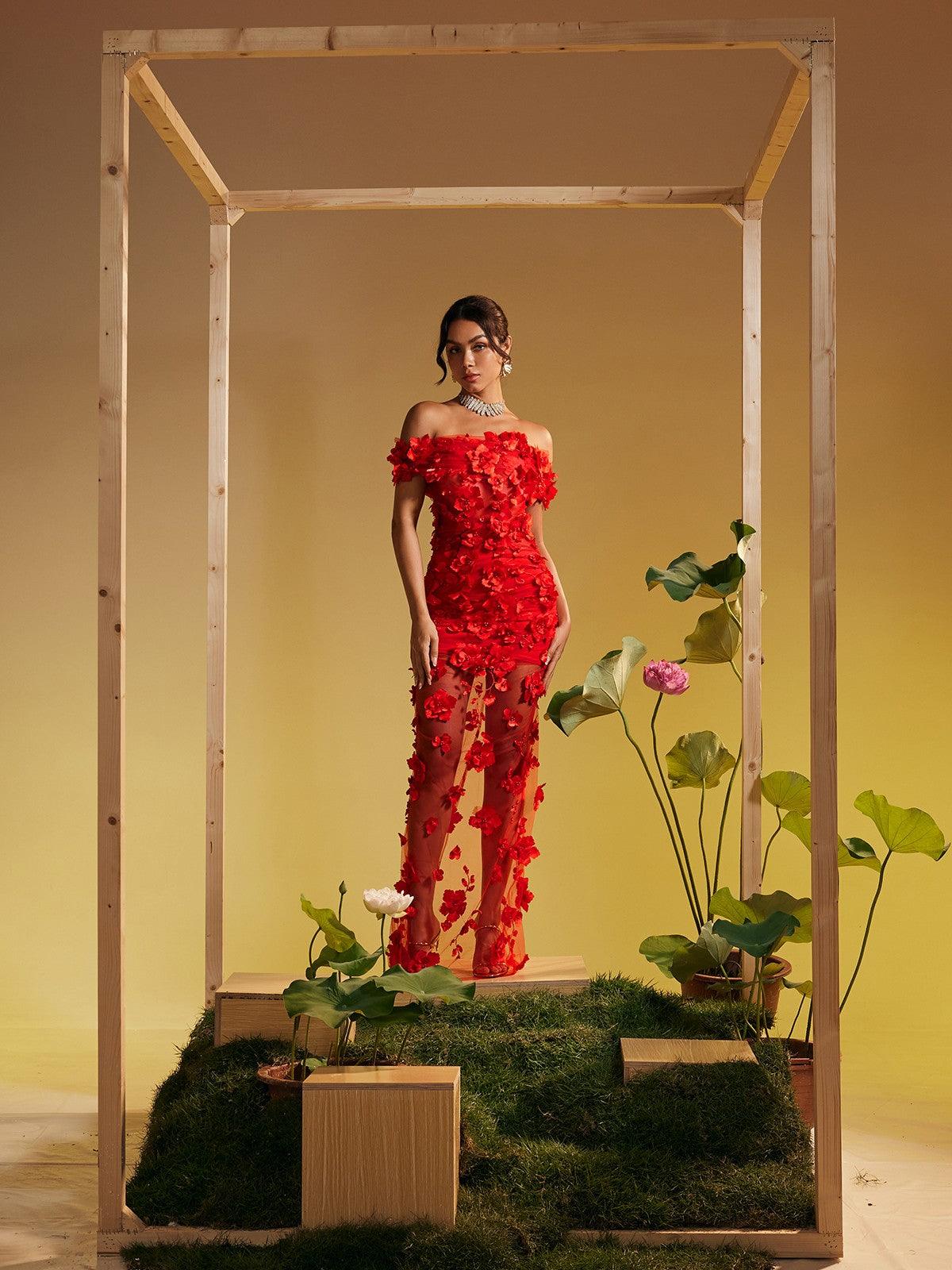 Azizi Off Shoulder Flower Mesh Maxi Dress