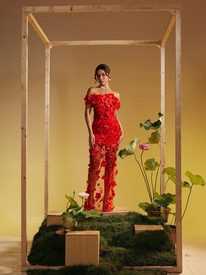 Azizi Off Shoulder Flower Mesh Maxi Dress