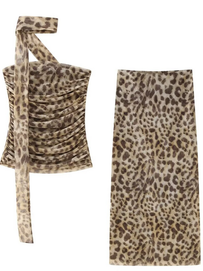 Baelithra Strapless Leopard Ruched Skirt Set