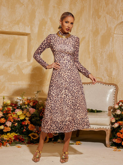 Baelorix Long Sleeve Leopard Midi Dress In Brown