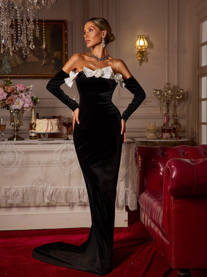 Bakir Off Shoulder Bow Flower Velvet Maxi Dress