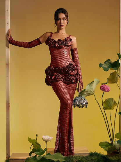 Barbara Spaghetti Cutout Flower Maxi Dress In Brown