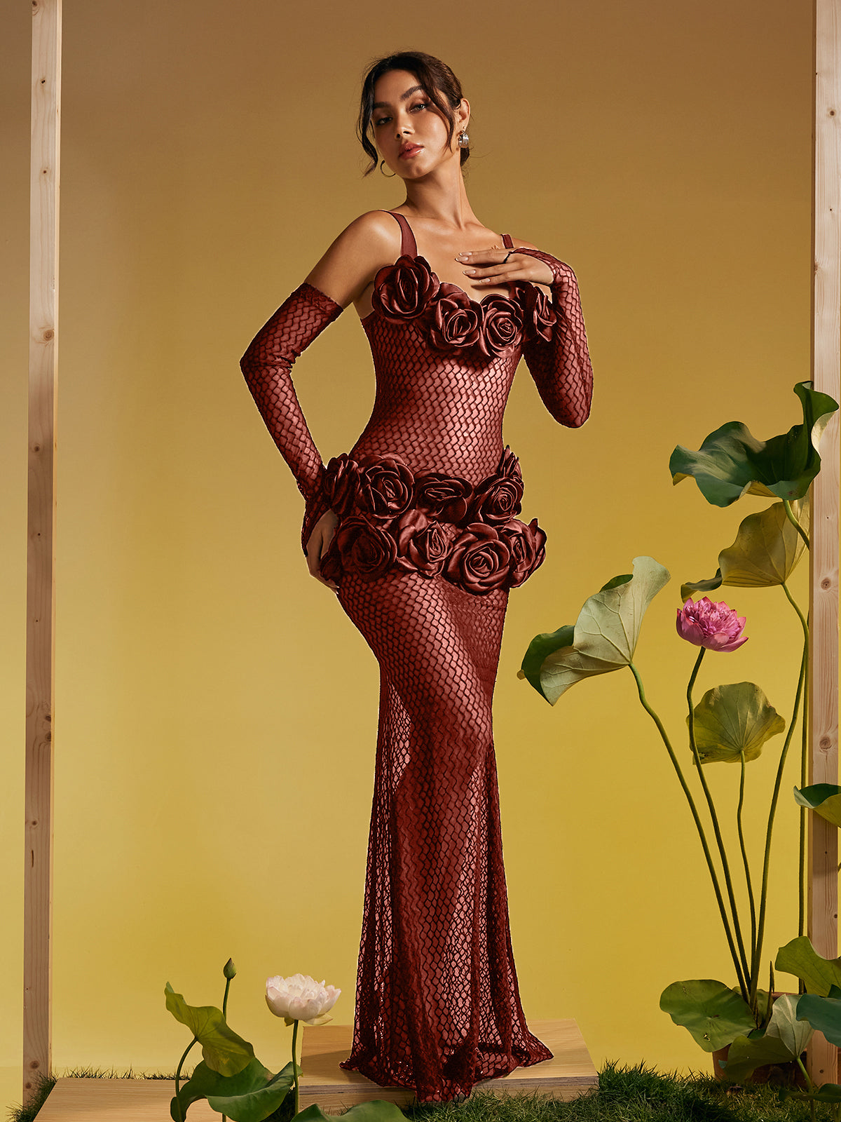 Barbara Spaghetti Cutout Flower Maxi Dress In Brown