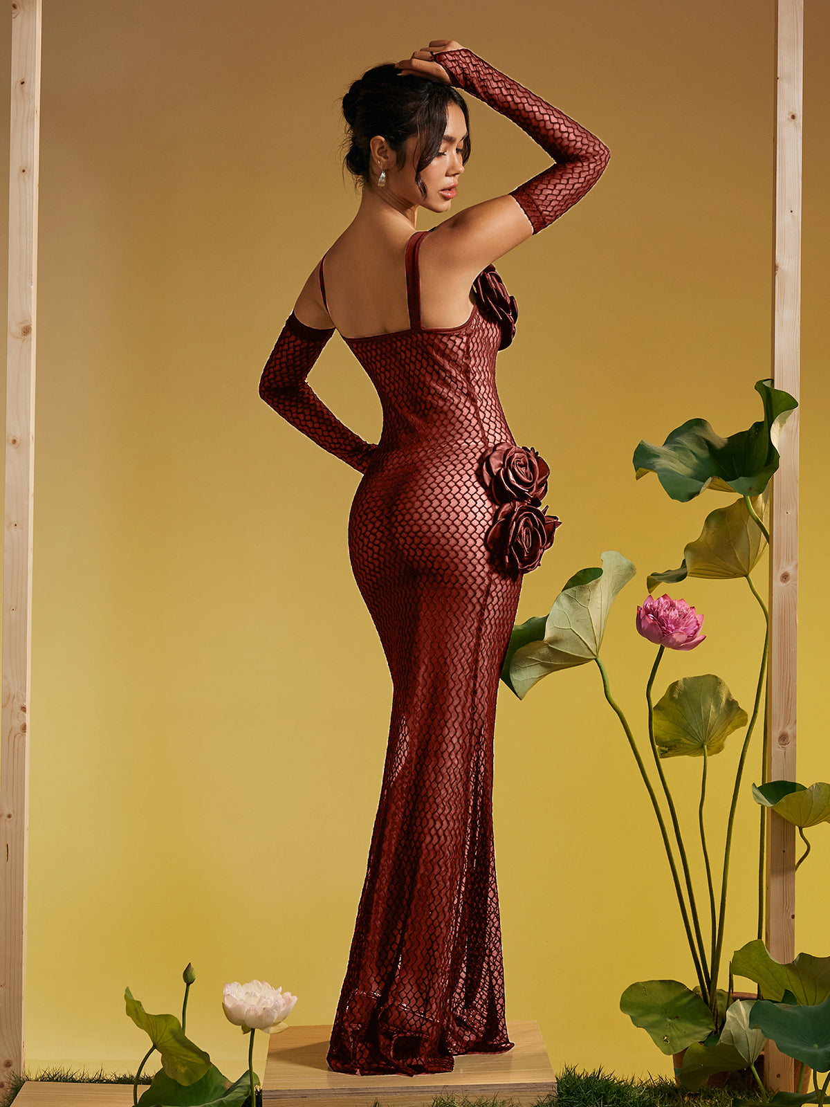 Barbara Spaghetti Cutout Flower Maxi Dress In Brown