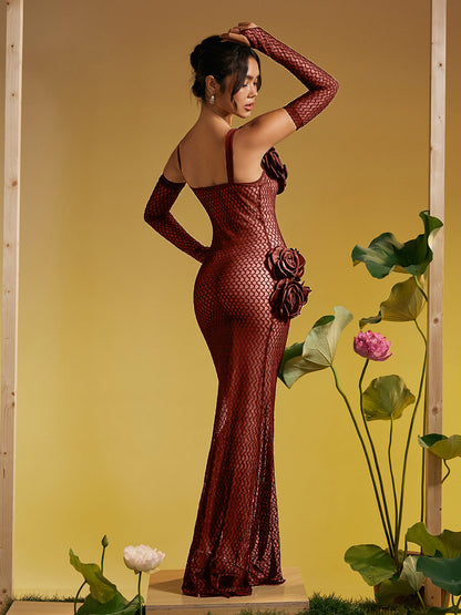 Barbara Spaghetti Cutout Flower Maxi Dress In Brown