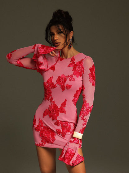 Beckie Long Sleeve Backless Flower Mini Dress