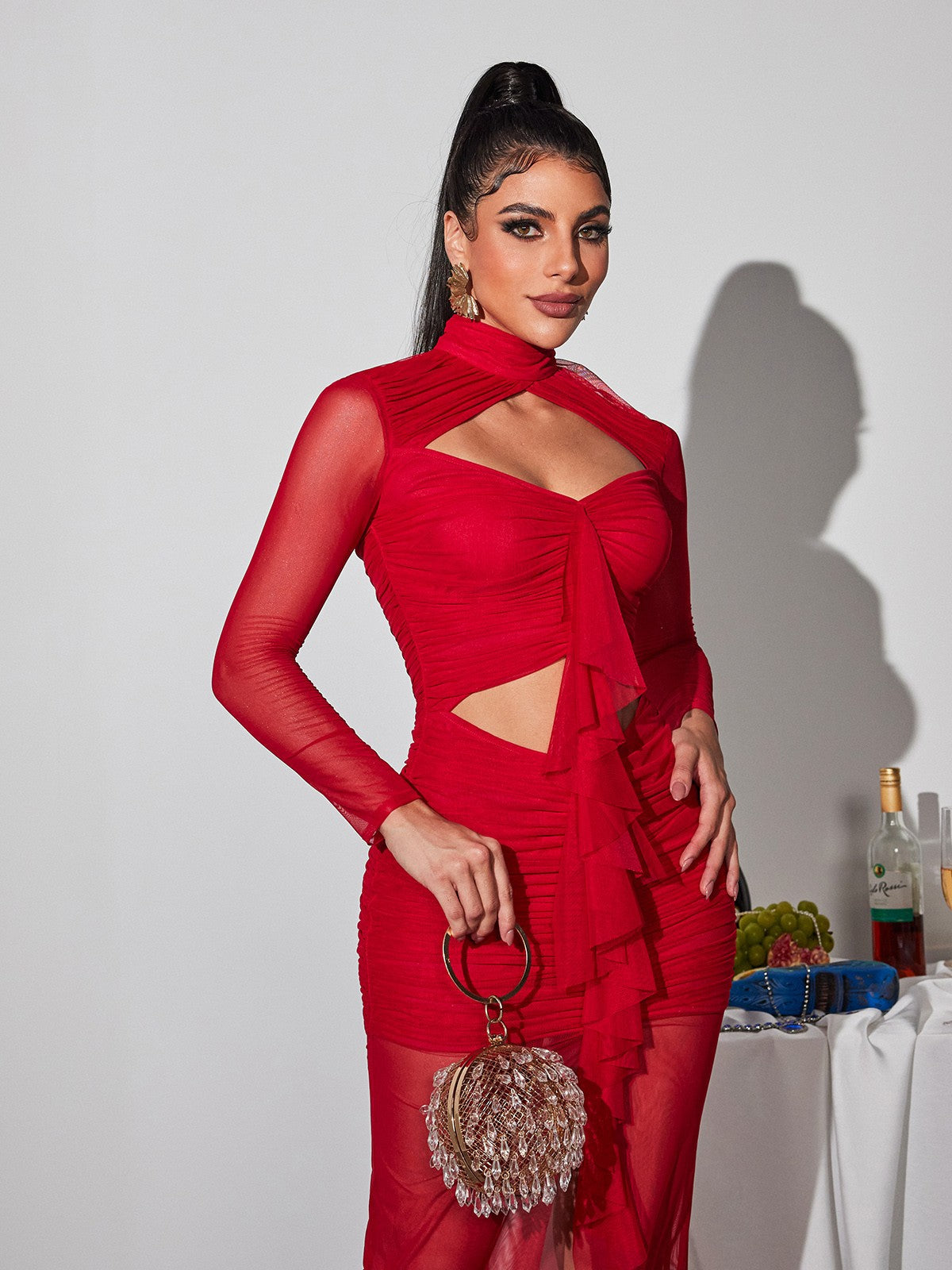 Bedelia Long Sleeve Cutout Mesh Maxi Dress