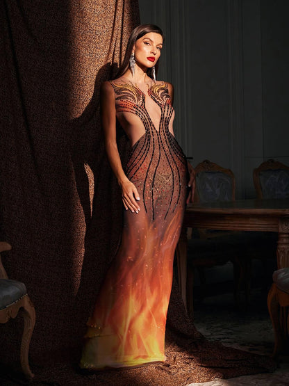 Bellezza Printed Rhinestone Maxi Dress