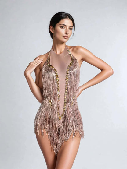 Benicio Halterneck Fringe Sequin Bodysuit