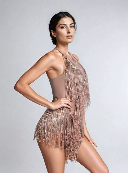 Benicio Halterneck Fringe Sequin Bodysuit