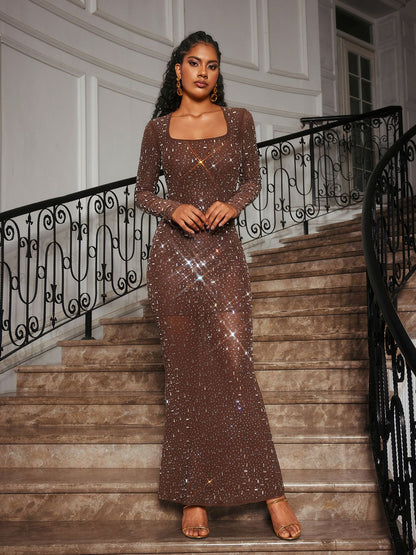 Bhullar Square Neck Rhinestone Maxi Dress