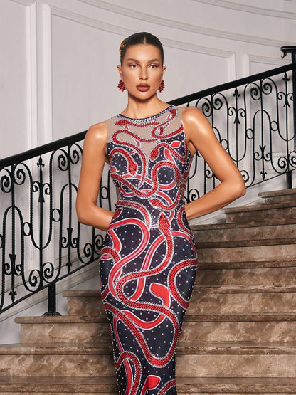 Bieda Snake Printed Rhinestone Maxi Dress