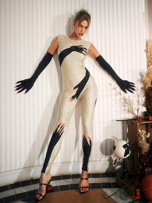 Billy Diamond Hands Illusion Jumpsuit In Beige