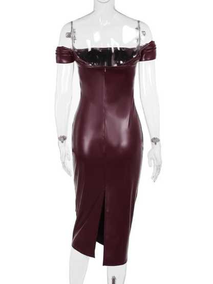 Blaine Off Shoulder Ruched Leather Dress