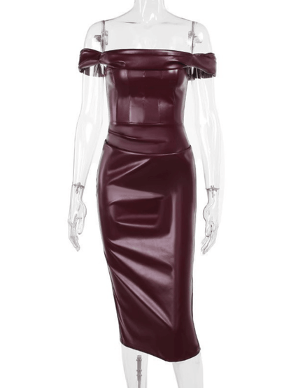 Blaine Off Shoulder Ruched Leather Dress