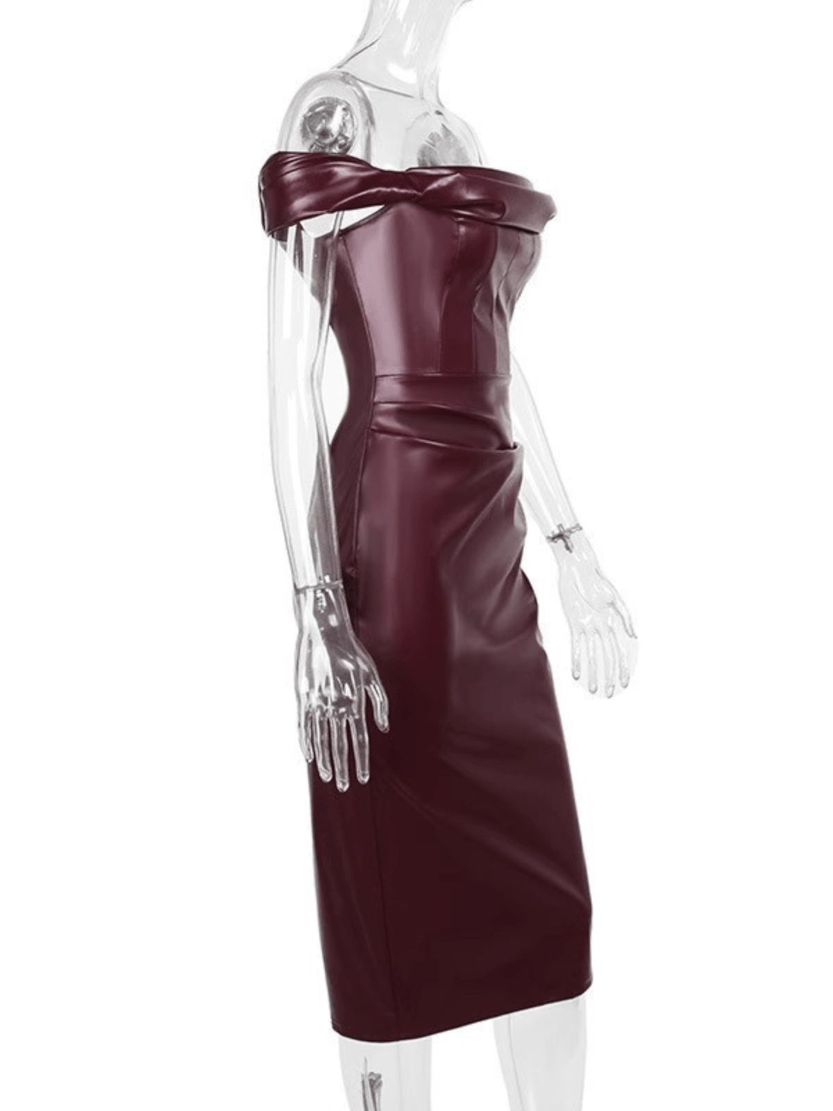 Blaine Off Shoulder Ruched Leather Dress