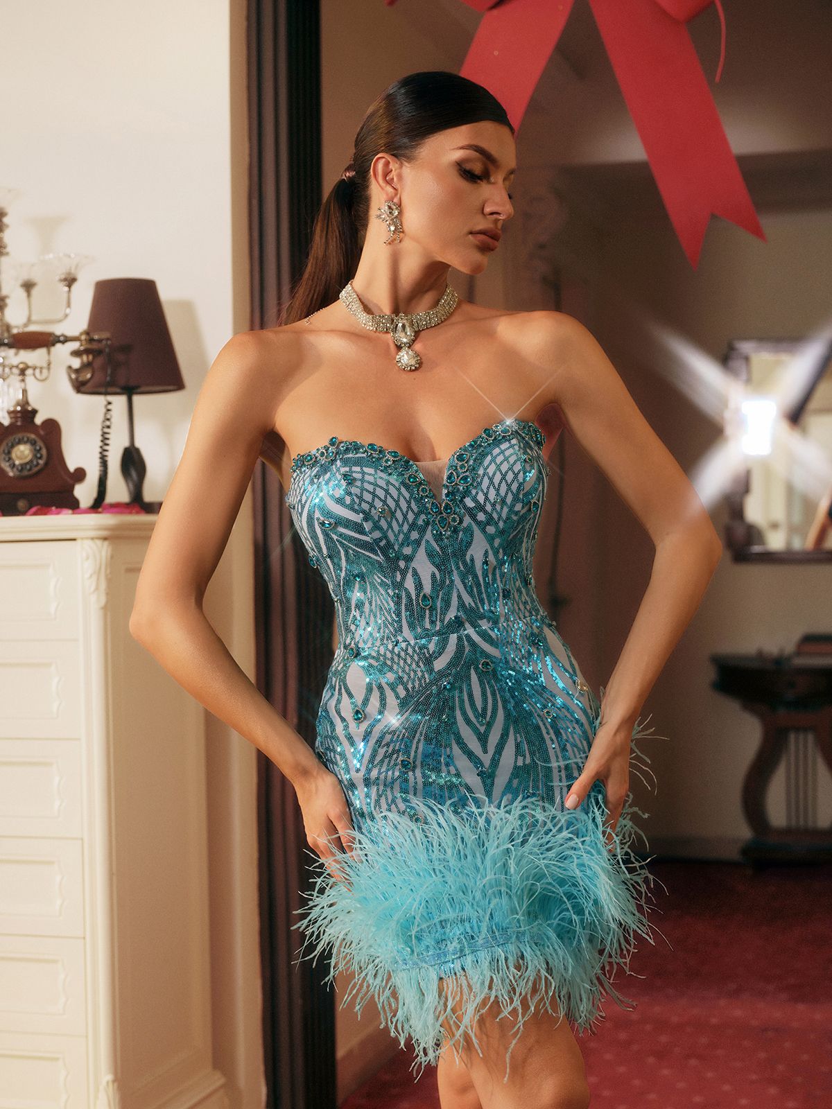 Blissany Strapless Rhinestone Feather Mini Dress