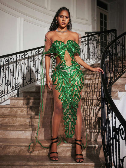 Blondene Cutout Sequin Embellished Maxi Dress