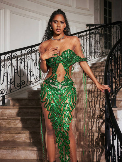 Blondene Cutout Sequin Embellished Maxi Dress