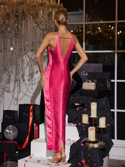 Bluma Halterneck Fringe Maxi Dress In Hot Pink
