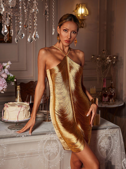 Bluma Halterneck Fringe Mini Dress In Bronze