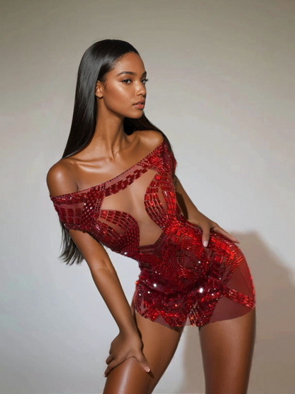 Bly Off Shoulder Rhinestone Mini Dress In Red