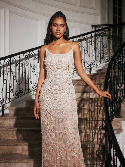 Branddun Strapless Pearl Embellished Maxi Dress