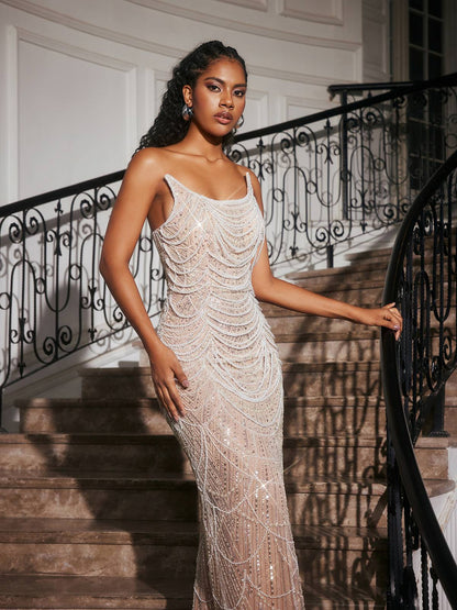 Branddun Strapless Pearl Embellished Maxi Dress